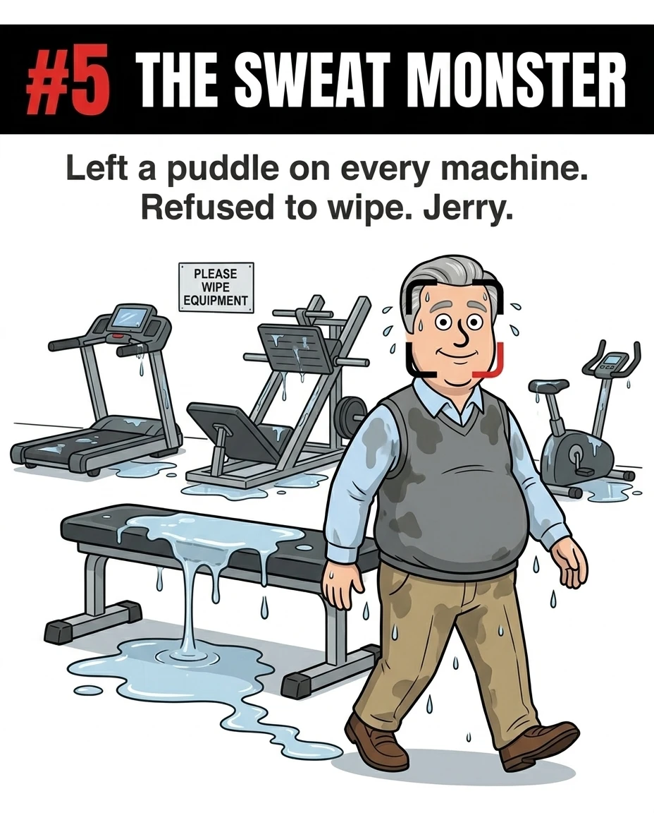 The GainFrame mascot, styled as Jerry Gergich, walks away dripping with sweat, leaving massive puddles on all the gym equipment despite a sign asking users to wipe down machines.