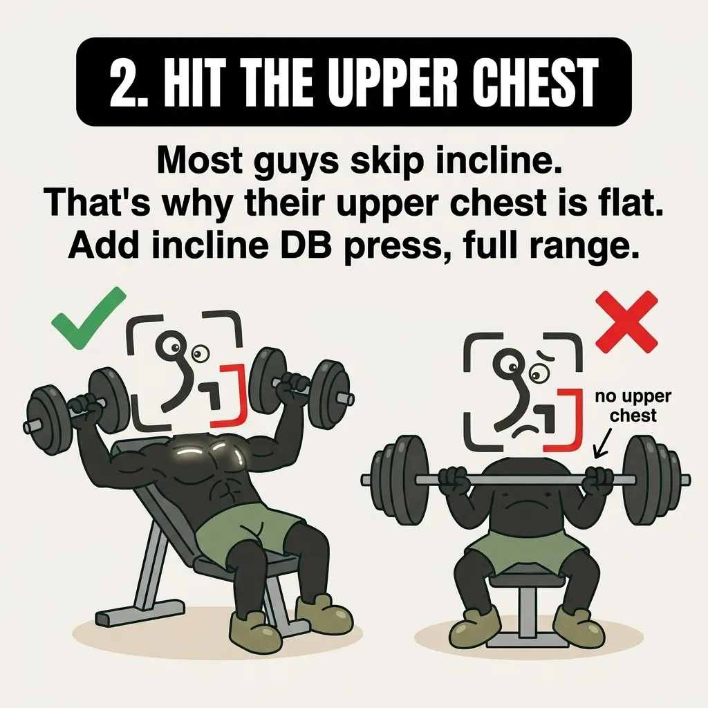 The GainFrame mascot is shown in two scenarios: a correct incline dumbbell press that builds the upper chest, and an incorrect flat barbell press labeled 'no upper chest'.