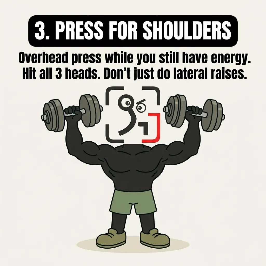 The muscular GainFrame mascot performs a standing overhead dumbbell press to target all three heads of the shoulders.