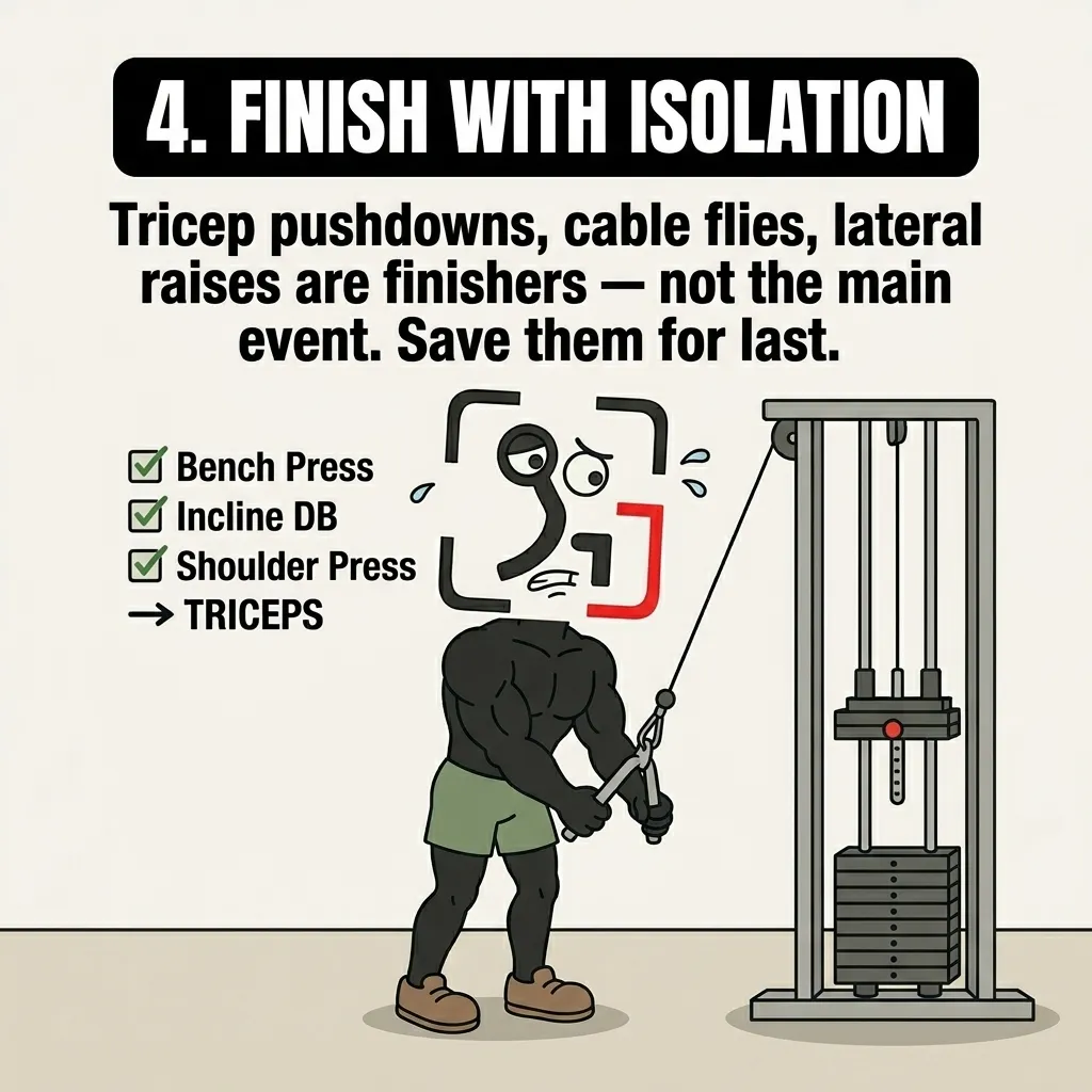 The GainFrame mascot performs a tricep pushdown on a cable machine, demonstrating that isolation exercises should be saved for the end of the workout.