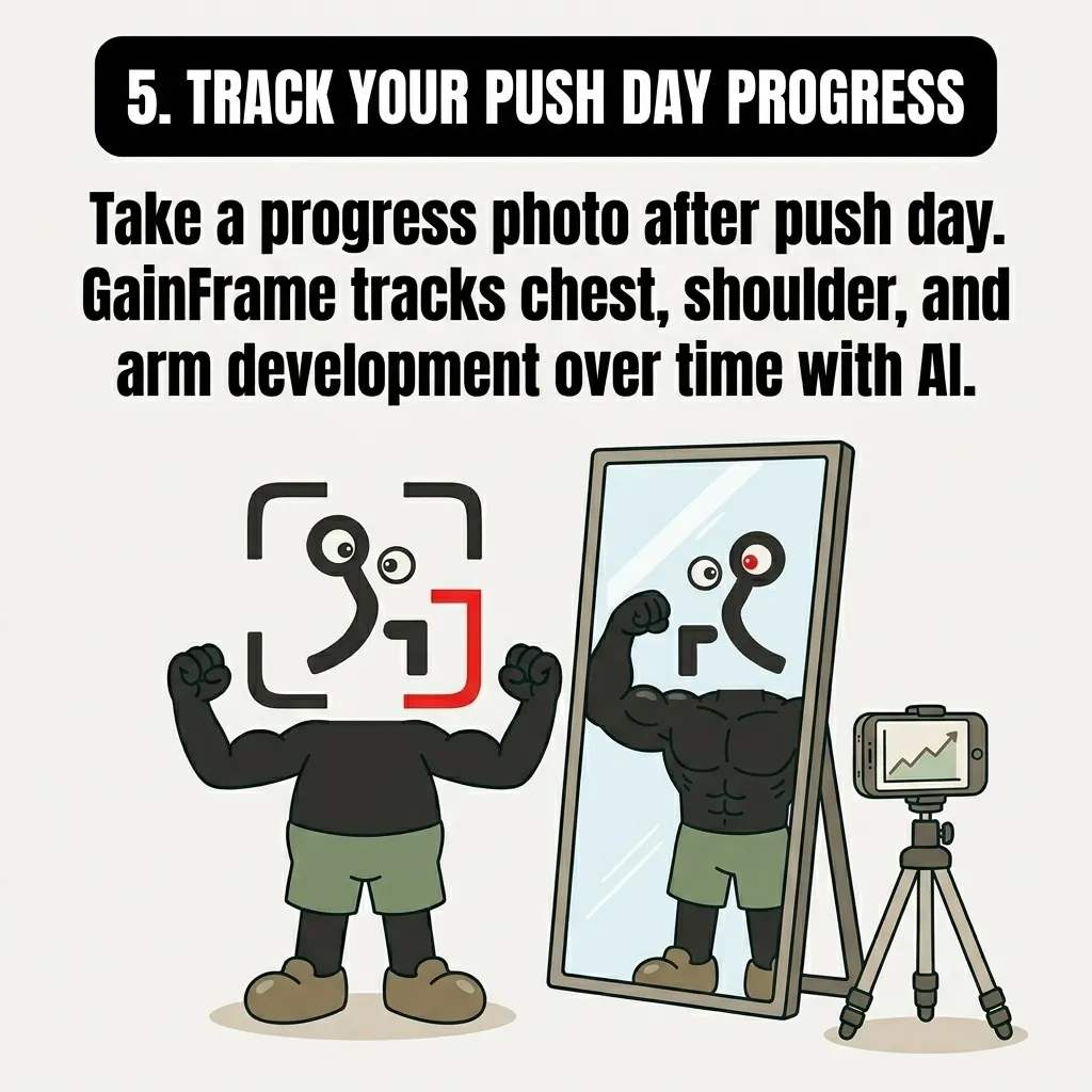 The GainFrame mascot poses in front of a mirror to take a progress photo, which is captured by a smartphone on a tripod to track muscle development.