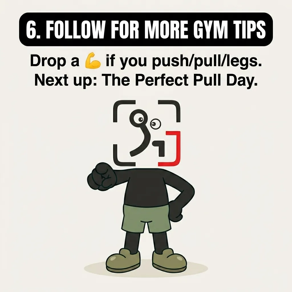 The GainFrame mascot points forward, inviting viewers to follow for more gym tips and teasing an upcoming guide on the perfect pull day.