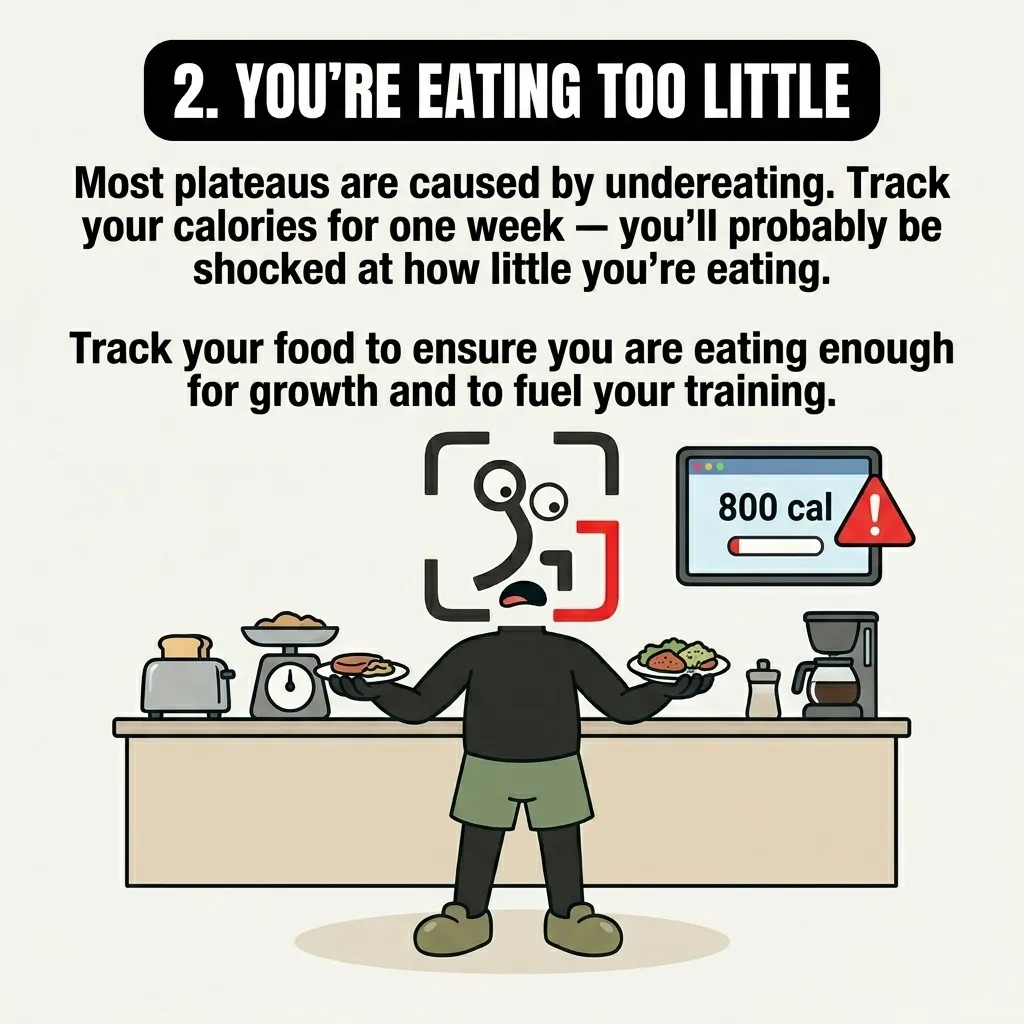 The GainFrame mascot stands in a kitchen looking concerned at a screen showing a low calorie count of 800 calories, highlighting that undereating can cause fitness plateaus.
