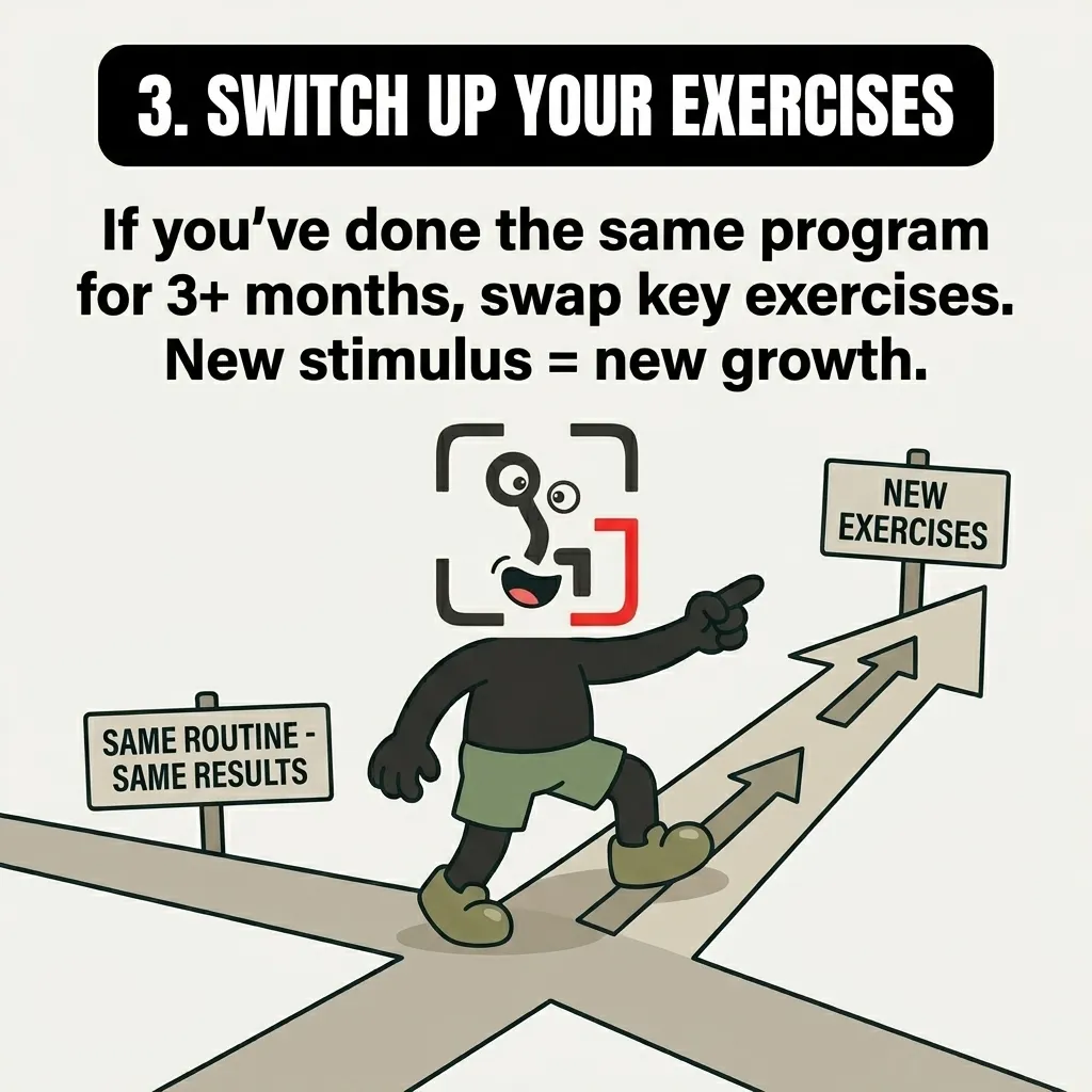 The GainFrame mascot stands at a crossroads and points toward a path labeled 'New Exercises' to show that changing your routine stimulates new muscle growth.