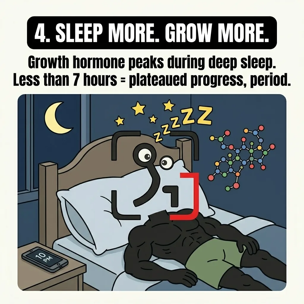The muscular GainFrame mascot sleeps soundly in bed with growth hormone molecules floating nearby, emphasizing that getting enough deep sleep is crucial to avoid plateaued progress.