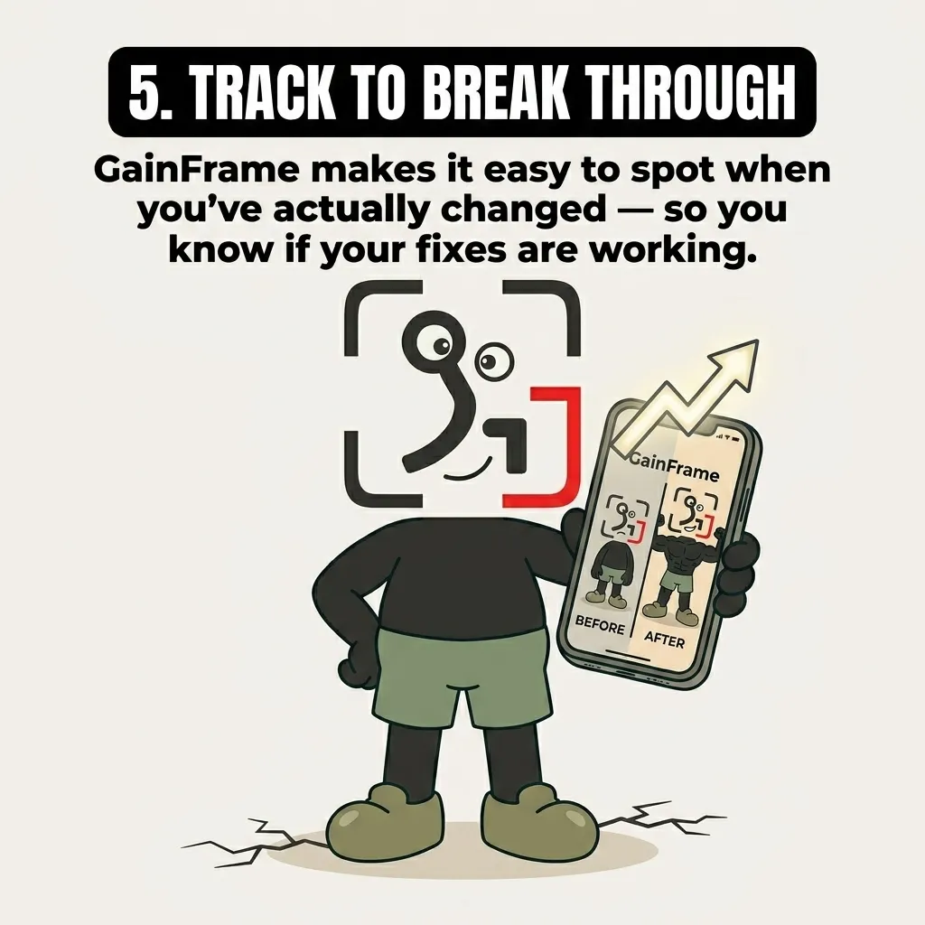 The GainFrame mascot holds up a smartphone showing a before-and-after comparison, illustrating how tracking progress helps you see if your fitness adjustments are working.