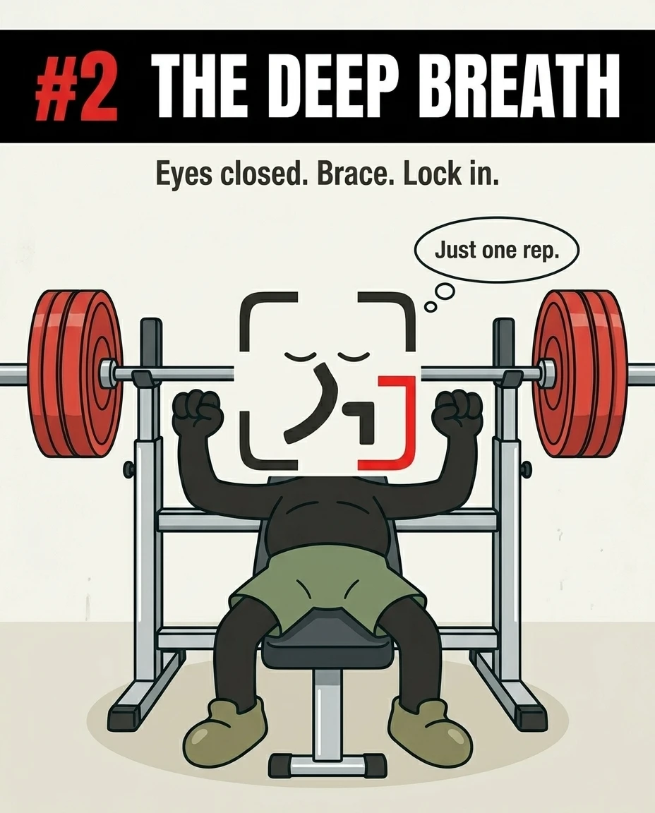 Lying on the bench with eyes closed, the GainFrame mascot takes a deep breath and focuses on completing just one repetition.