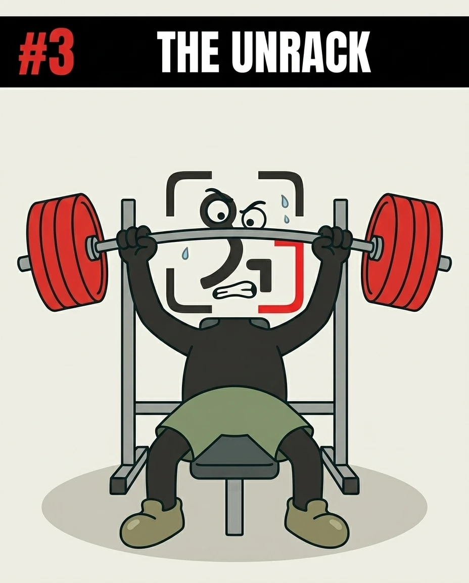 The GainFrame mascot struggles with a strained expression as they lift the heavy, bending barbell off the rack.