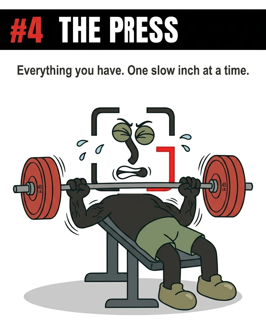 Sweating and straining with closed eyes, the GainFrame mascot pushes the barbell upward with maximum effort.