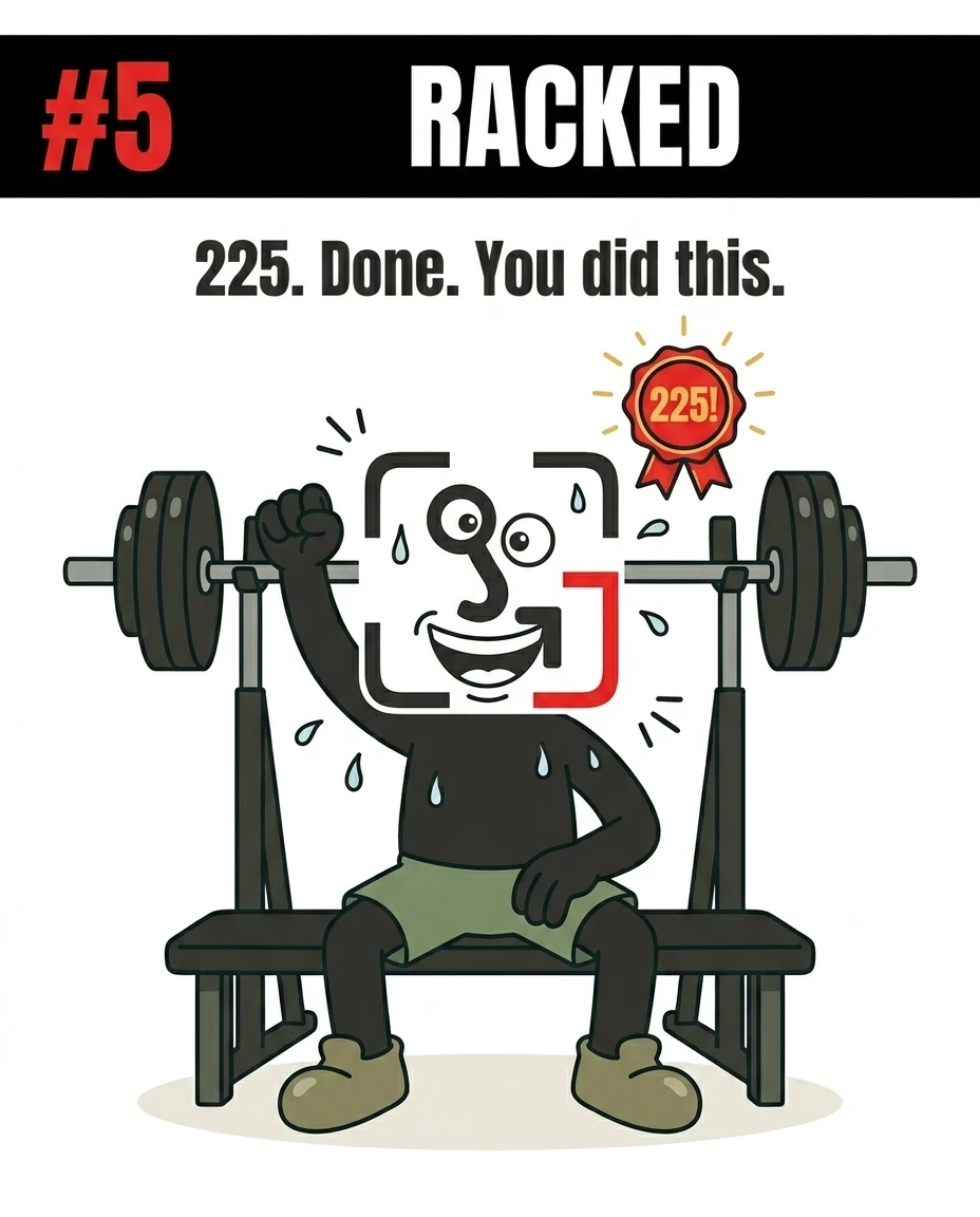The GainFrame mascot sits on the bench smiling and raising a fist in celebration after successfully racking the 225-pound bench press.