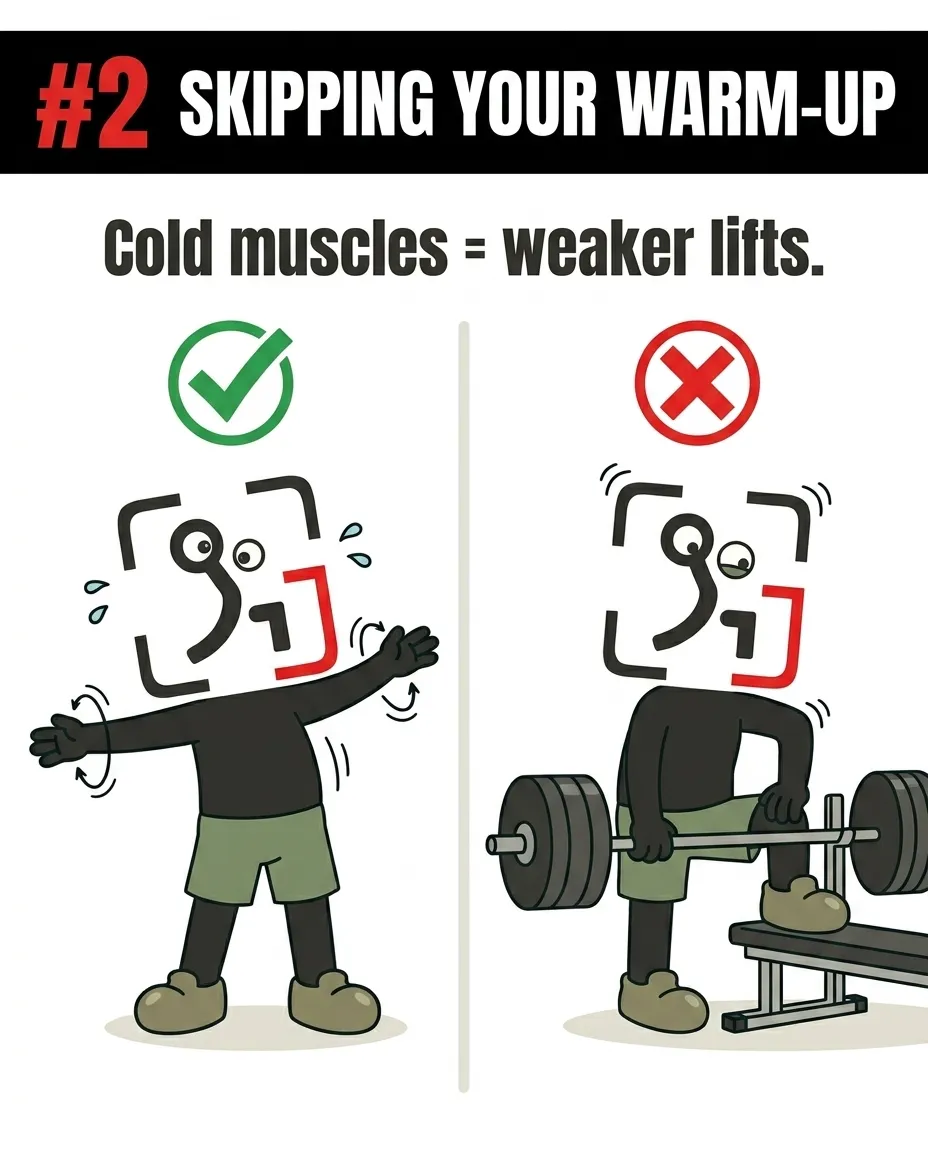 A split screen shows the GainFrame mascot successfully warming up with arm circles on the left, contrasted with struggling to lift a barbell with cold, stiff muscles on the right.