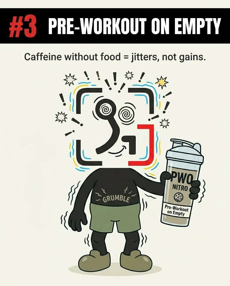 The GainFrame mascot shakes uncontrollably with dizzy eyes and a rumbling stomach while holding a pre-workout bottle, illustrating how taking caffeine on an empty stomach causes jitters.