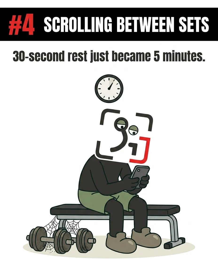 The GainFrame mascot sits distracted on a gym bench scrolling on a smartphone while cobwebs grow on the nearby dumbbells, showing how phone use extends rest times excessively.