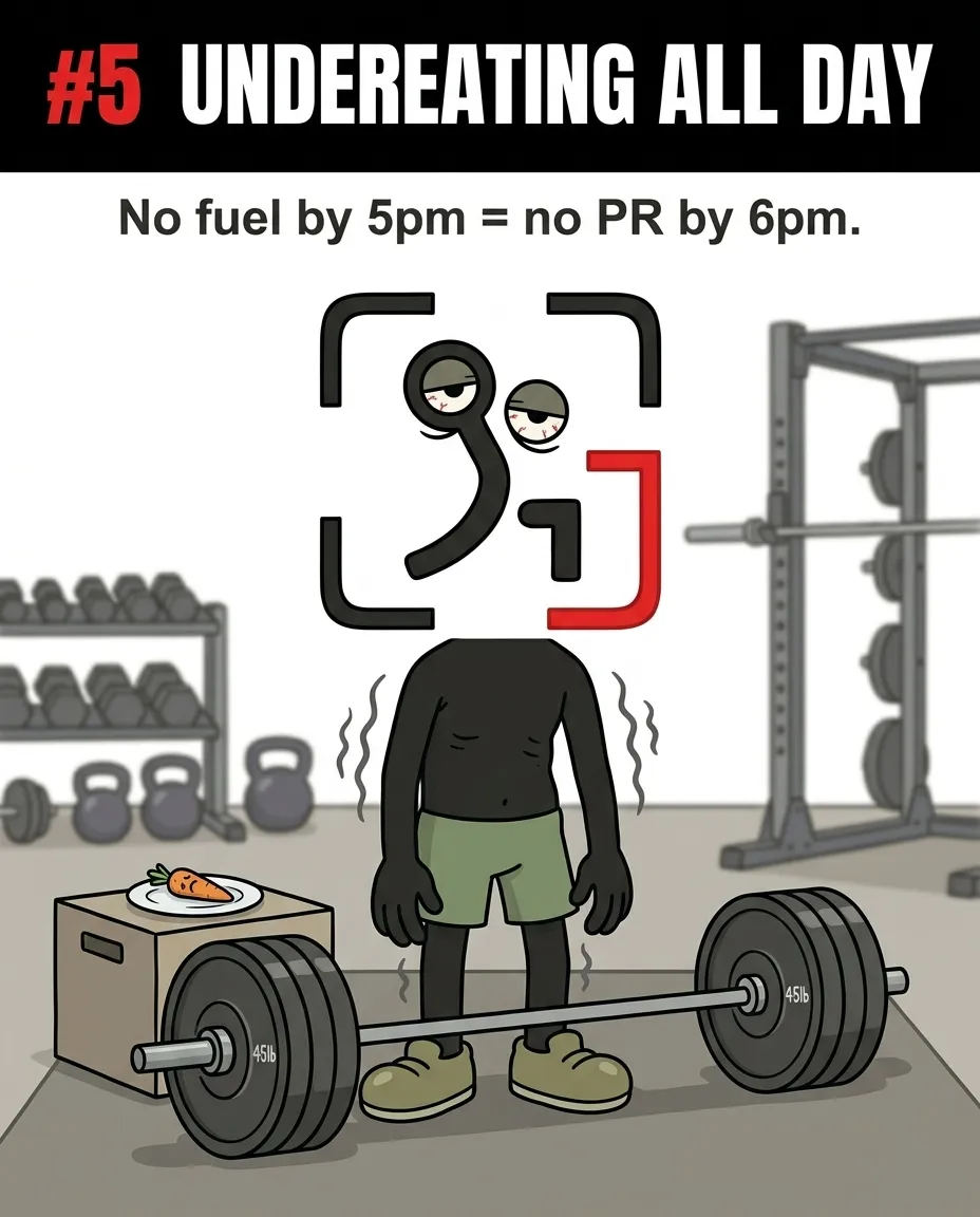 A visibly thin and shaking GainFrame mascot stands weakly over a heavy barbell with only a single carrot on a plate nearby, demonstrating how undereating all day ruins strength performance.