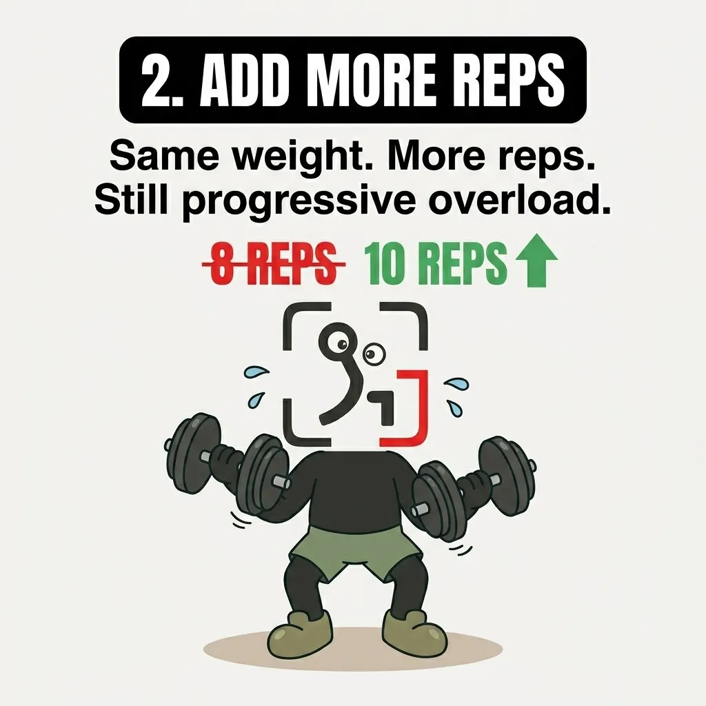 The GainFrame mascot sweats while curling dumbbells, demonstrating that increasing the number of repetitions with the same weight is a form of progressive overload.