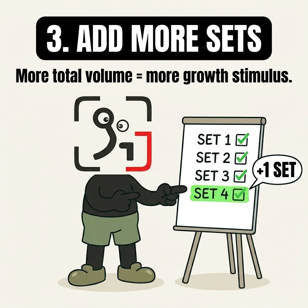 The GainFrame mascot points to a checklist on an easel showing four completed sets, explaining that adding more sets increases total training volume.