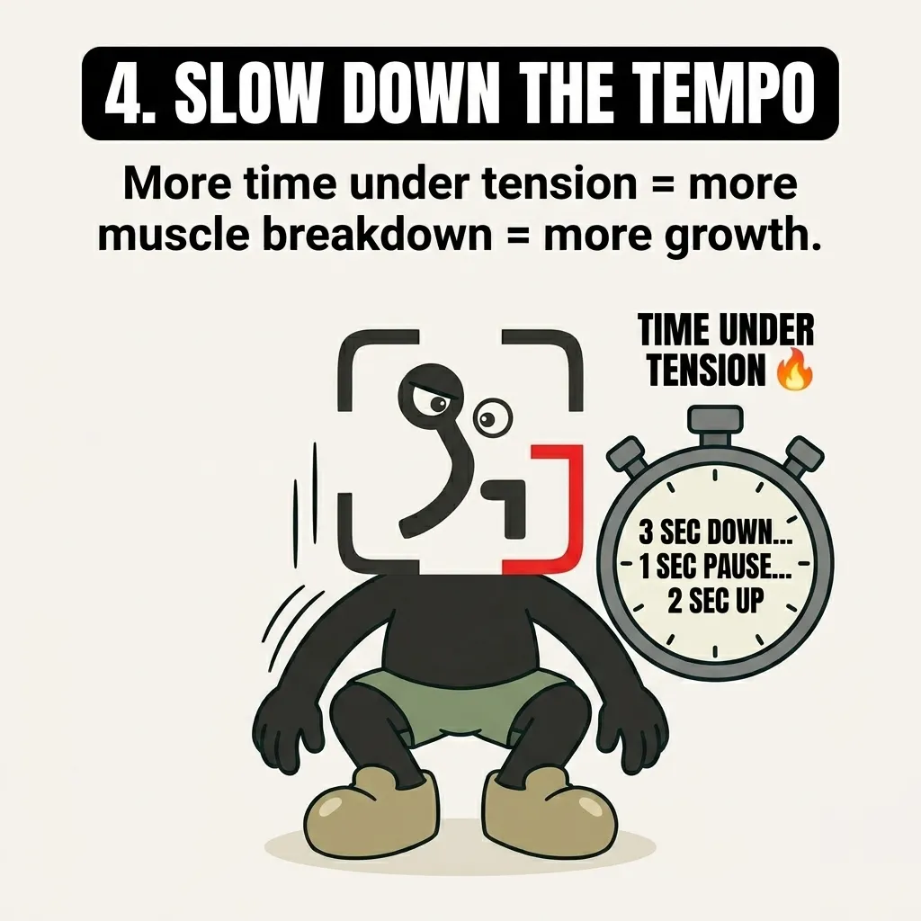 The GainFrame mascot performs a slow squat next to a stopwatch, showing how slowing down the tempo increases time under tension for muscle growth.