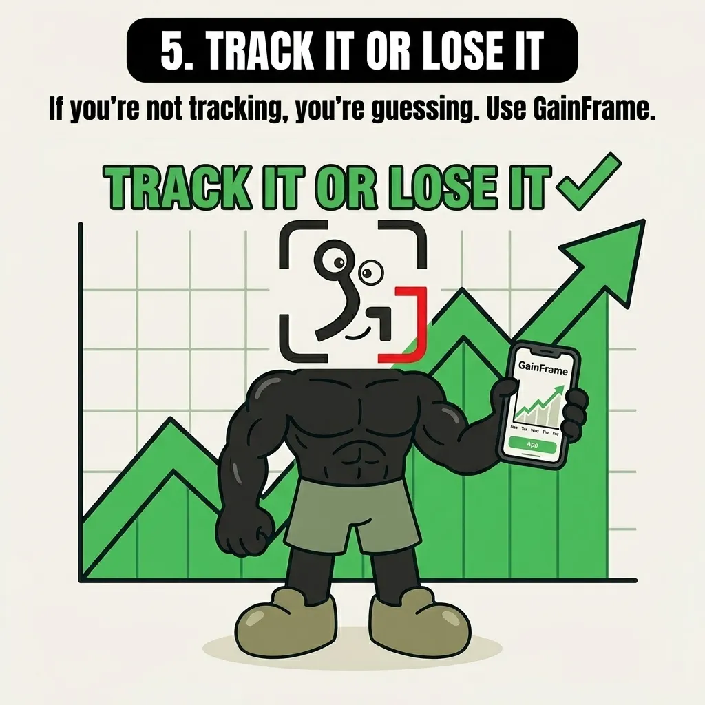 A muscular GainFrame mascot holds up a smartphone displaying a workout tracking app in front of a rising green graph, emphasizing the importance of tracking progress.