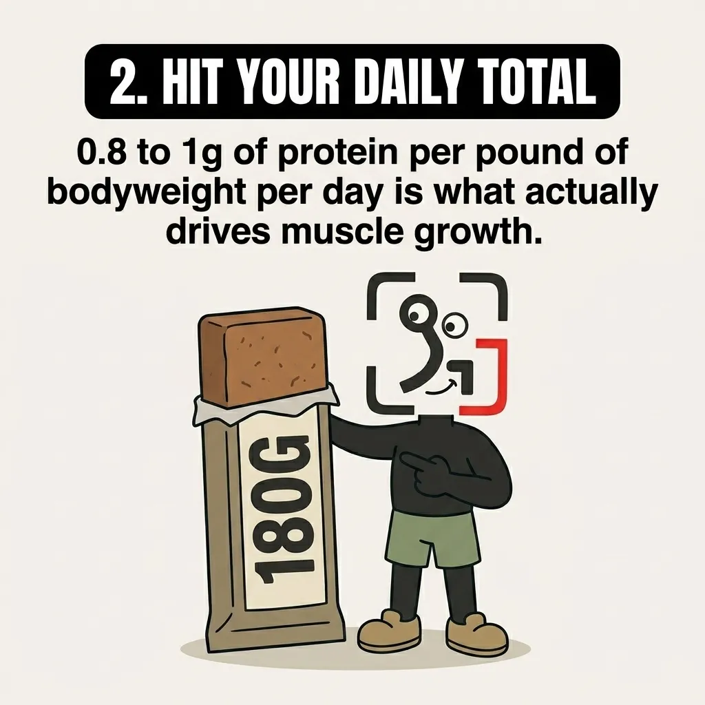 The GainFrame mascot points to a giant 180g protein bar, emphasizing that meeting your total daily protein goal is the most important factor for muscle growth.