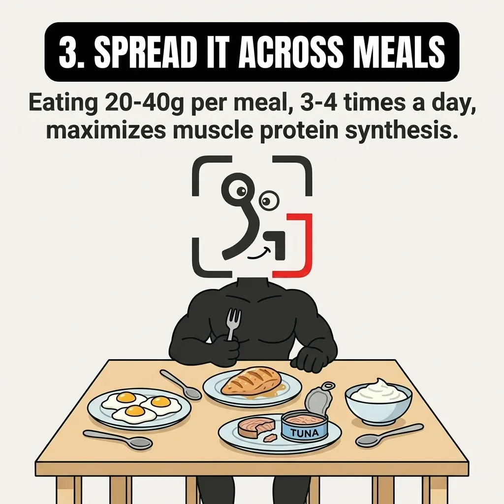 The GainFrame mascot sits at a table with plates of eggs, chicken, tuna, and Greek yogurt, illustrating how spreading protein intake across multiple meals optimizes muscle protein synthesis.