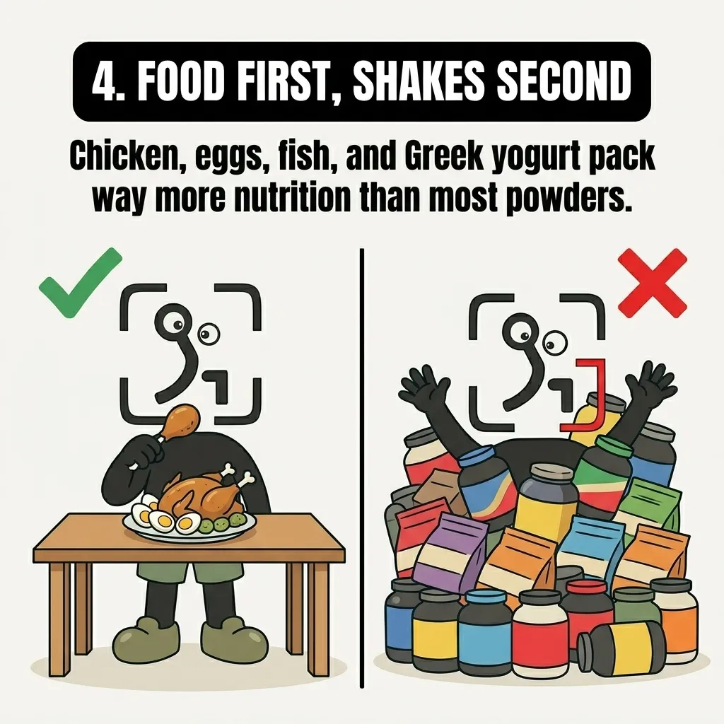 A split screen shows the GainFrame mascot happily eating a whole roasted chicken and eggs on the left, contrasted with the mascot buried under a pile of protein powder tubs on the right, highlighting that whole foods should be prioritized over supplements.