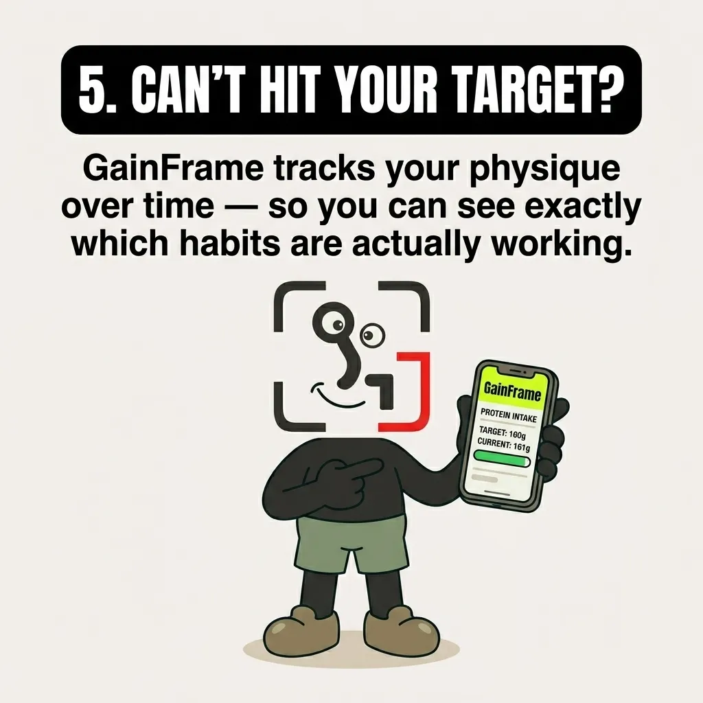 The GainFrame mascot smiles while pointing to a smartphone displaying the GainFrame app tracking daily protein intake, showing how tracking habits helps you consistently hit your fitness goals.