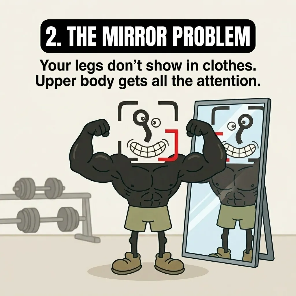 The GainFrame mascot flexes a muscular upper body in front of a mirror, illustrating how hiding legs in clothes leads to neglecting them.