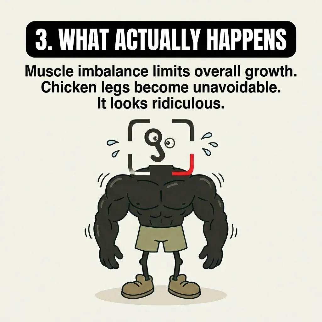 The sweating GainFrame mascot stands with an extremely disproportionate physique, showing how skipping leg day results in skinny legs.