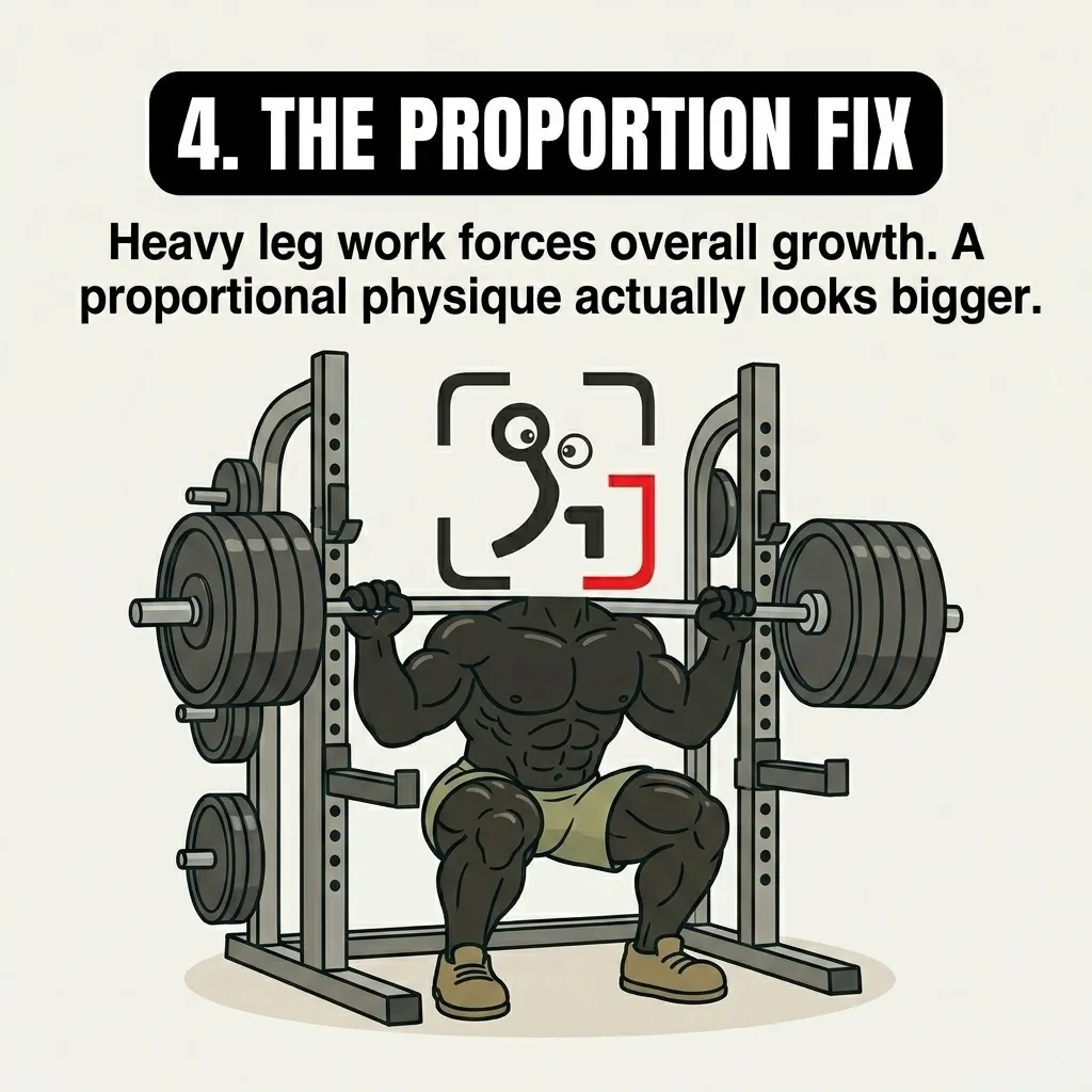 The GainFrame mascot performs a heavy squat in a rack, demonstrating how leg training builds a balanced and overall larger physique.