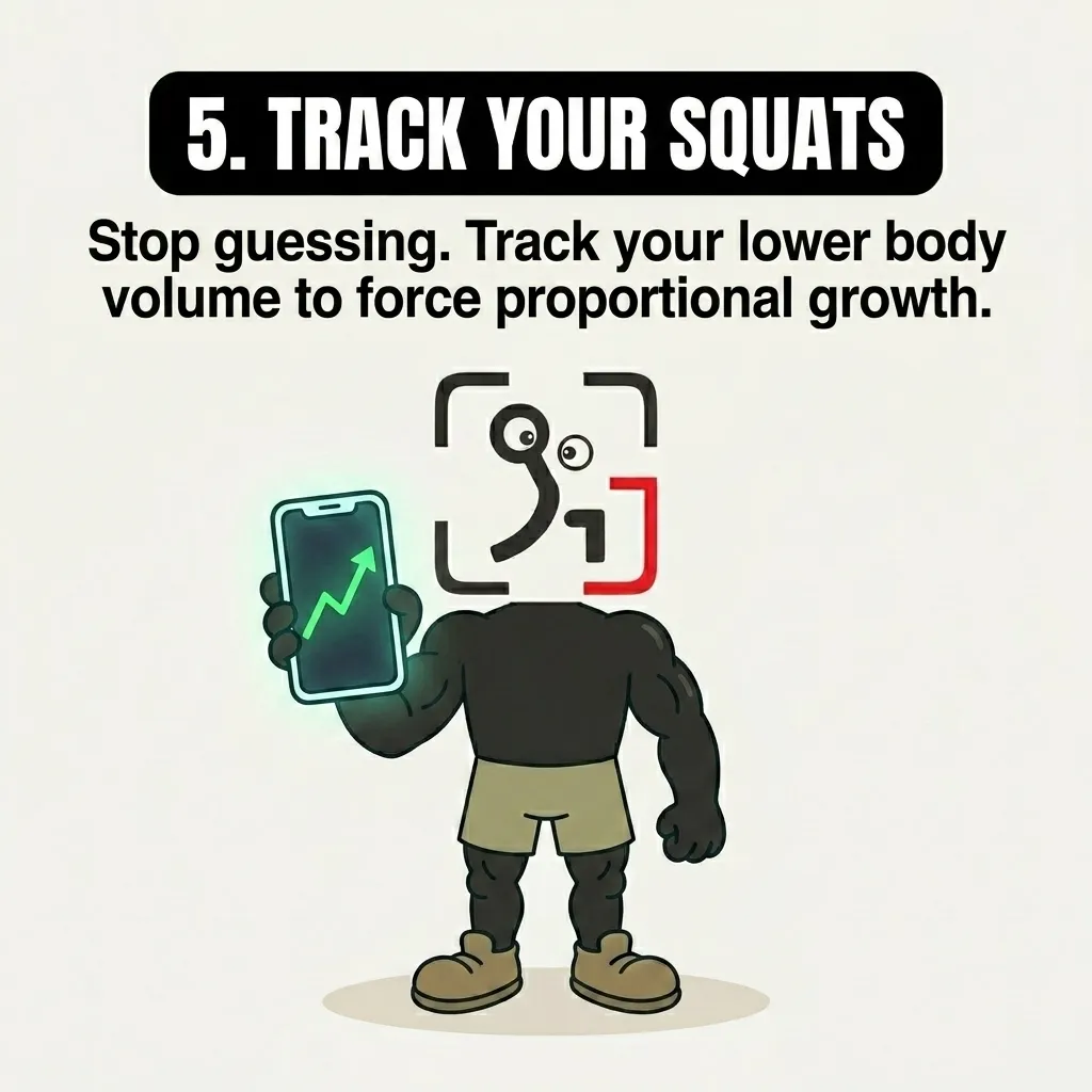 The GainFrame mascot holds up a smartphone showing a rising progress chart, emphasizing the importance of tracking lower body workout volume.