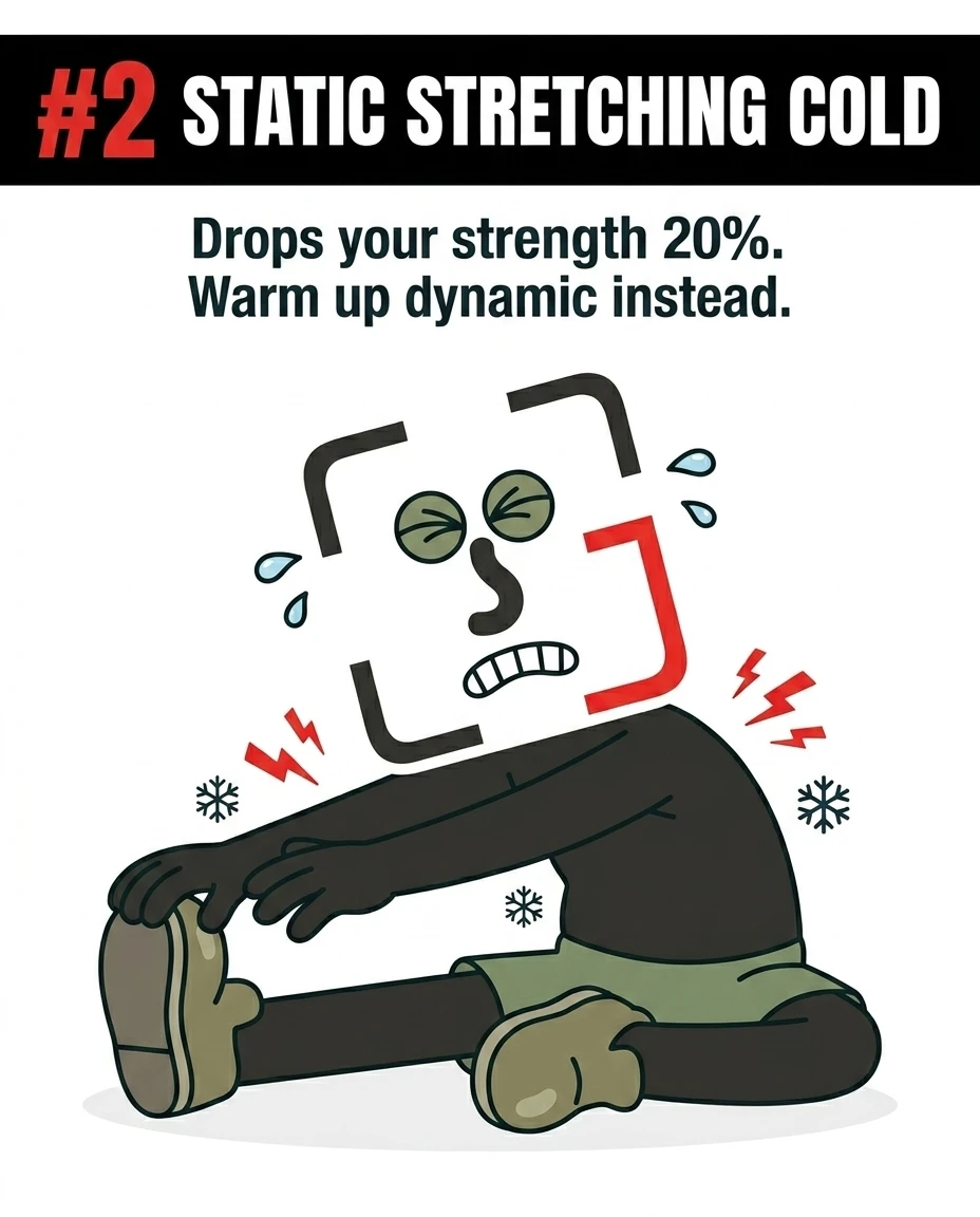 The GainFrame mascot strains painfully while performing a static stretch on the floor, illustrating that static stretching when cold drops strength and should be replaced with dynamic warm-ups.