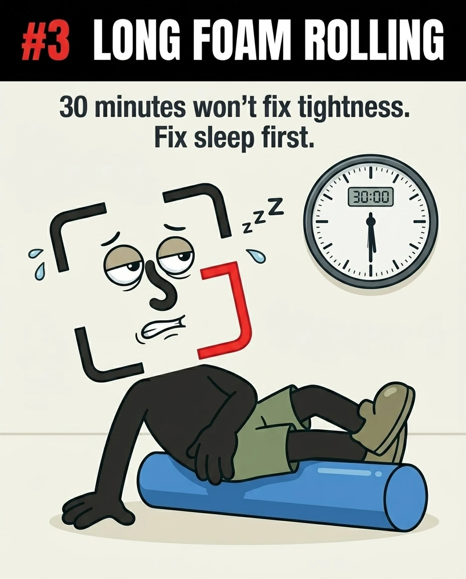 The tired GainFrame mascot lies on a blue foam roller next to a clock showing thirty minutes, emphasizing that long foam rolling sessions will not fix muscle tightness if sleep is neglected.