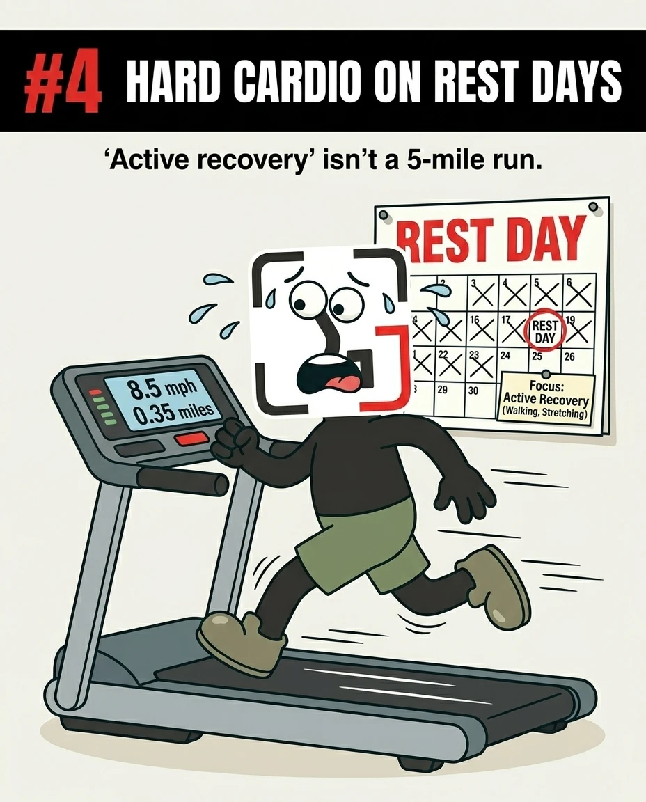 The GainFrame mascot runs intensely on a treadmill on a scheduled rest day, showing that hard cardio defeats the purpose of active recovery.