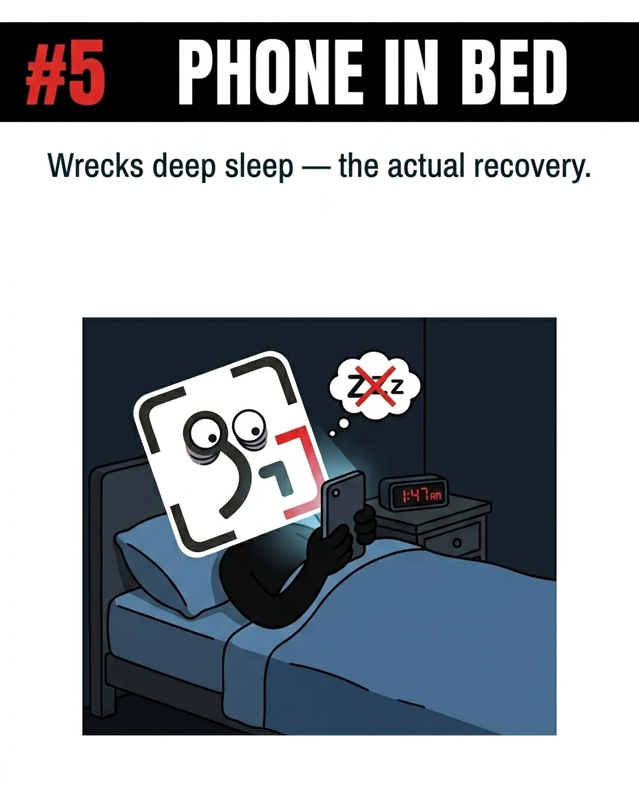 The GainFrame mascot lies in bed in a dark room staring at a glowing smartphone screen late at night, showing how phone use in bed disrupts deep sleep and ruins recovery.