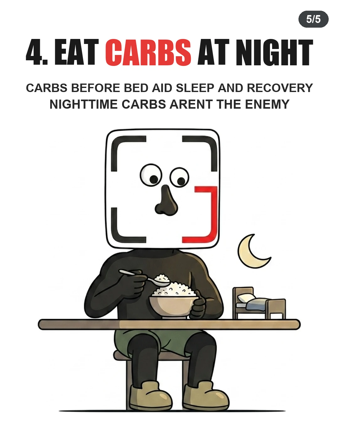 The GainFrame mascot eats a bowl of rice at night to demonstrate that evening carbohydrates support sleep and muscle recovery.