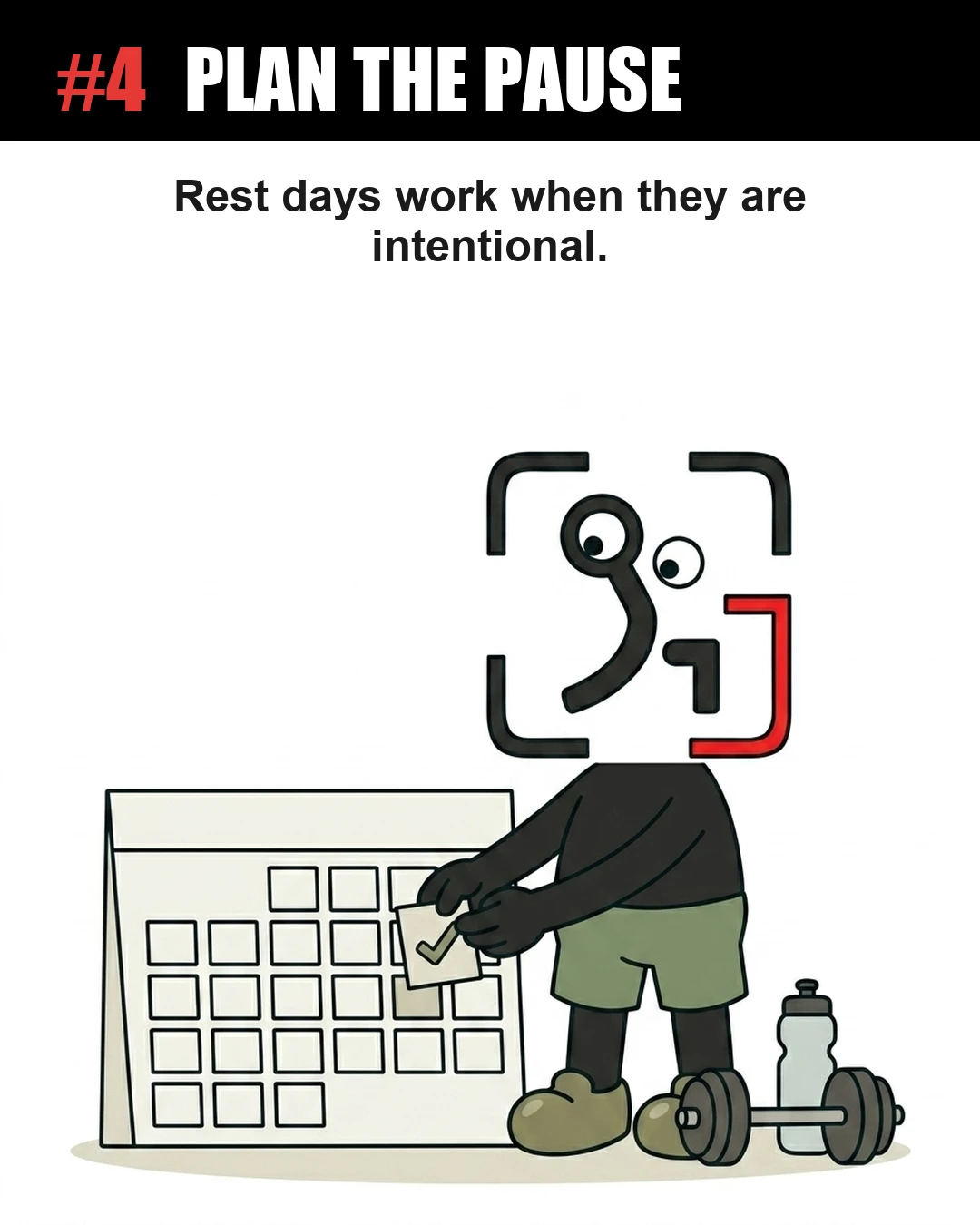 The GainFrame mascot places a checkmark sticker on a calendar next to a dumbbell and water bottle, demonstrating the importance of planning intentional rest days.