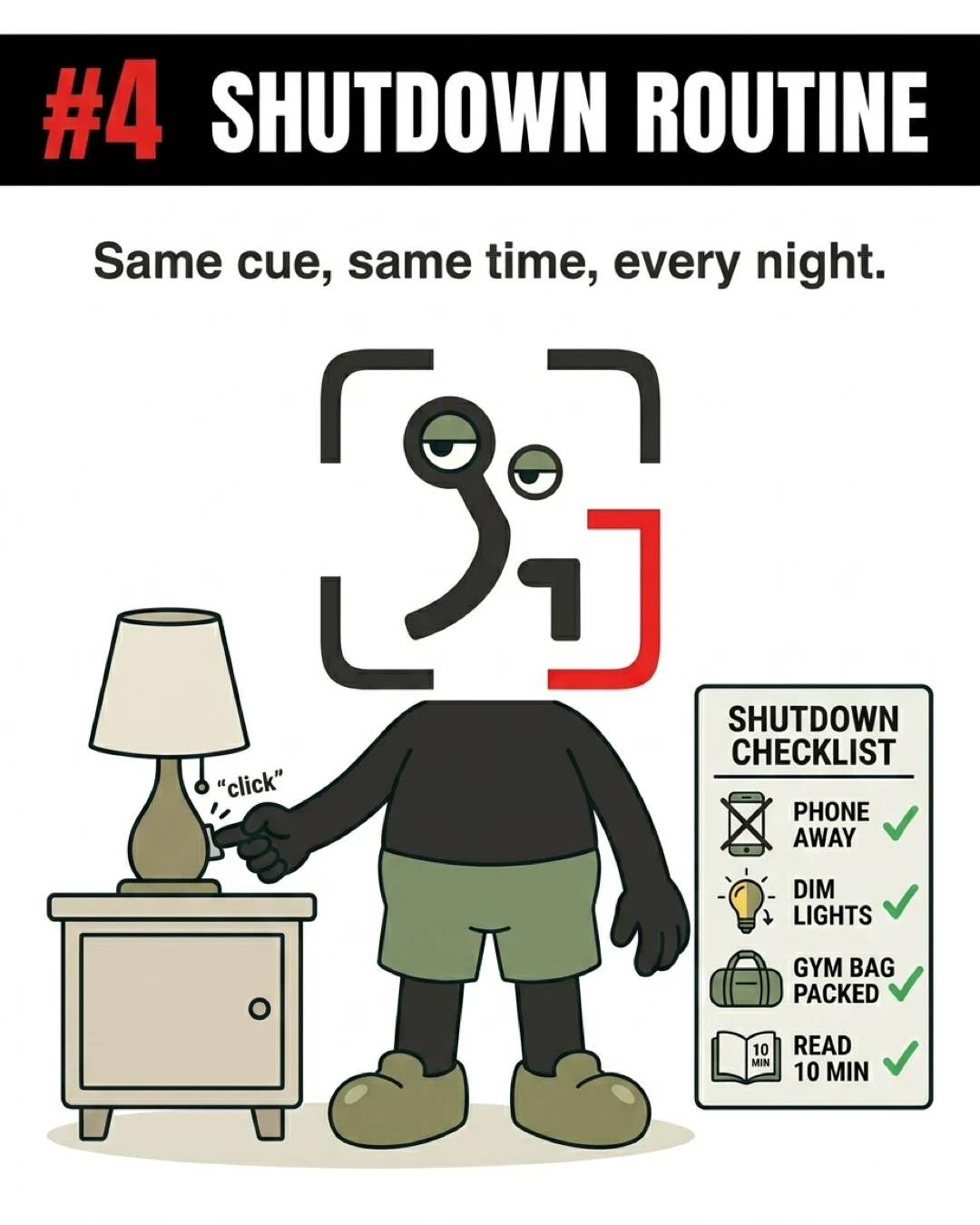 The GainFrame mascot turns off a bedside lamp next to a checklist of healthy evening habits, emphasizing the importance of a consistent nightly shutdown routine.