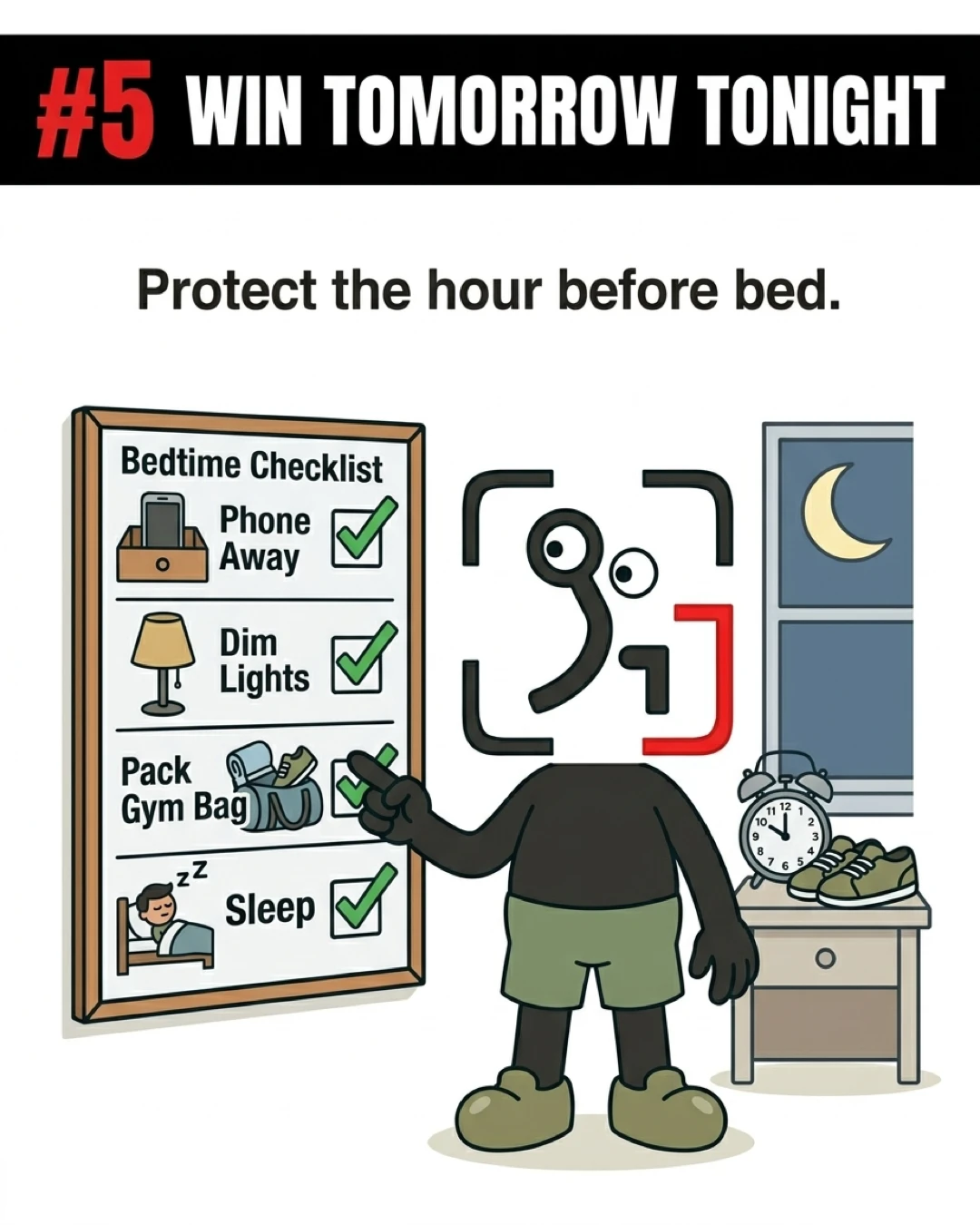 The GainFrame mascot points to a completed bedtime checklist on a wall board, illustrating how preparing the night before sets you up for a successful tomorrow.