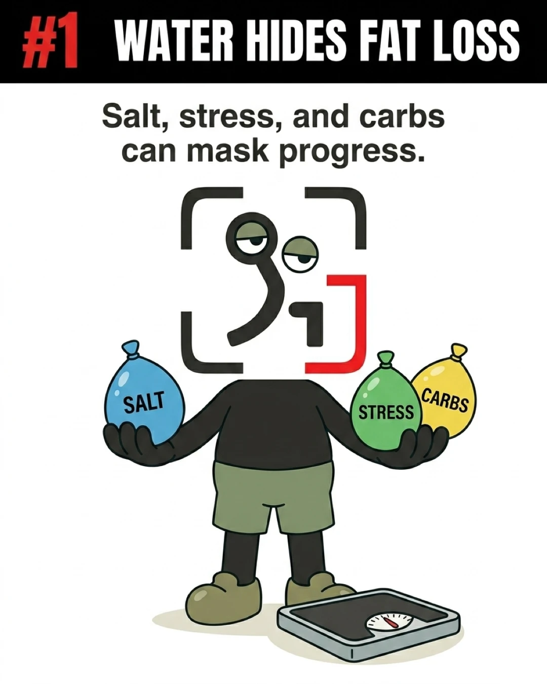 The GainFrame mascot holds balloons labeled salt, stress, and carbs next to a scale, showing how water retention masks fat loss.