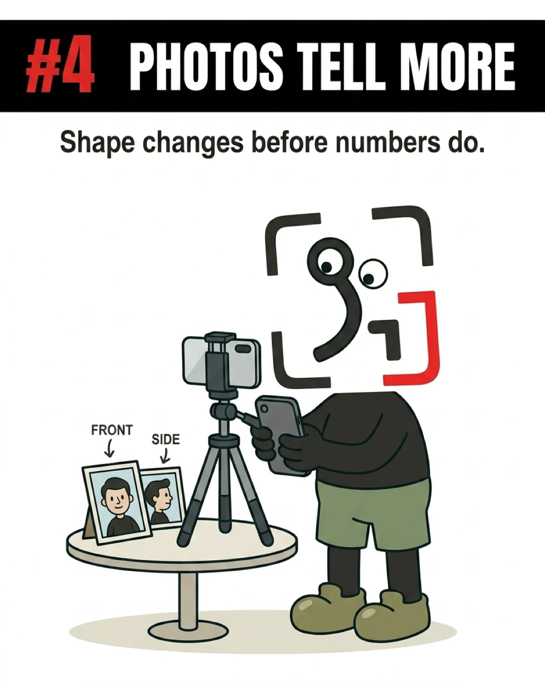 The GainFrame mascot sets up a smartphone on a tripod next to front and side progress photos, highlighting that visual changes happen before scale changes.