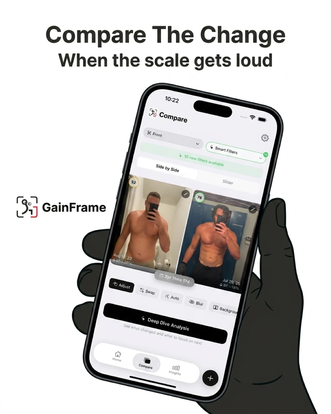 A hand holds a smartphone displaying the GainFrame app's side-by-side photo comparison tool, showing a user's physical transformation.