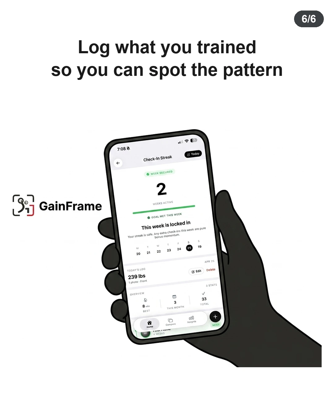 A hand holds a smartphone showing the GainFrame app interface alongside the GainFrame logo, emphasizing the importance of tracking workouts.