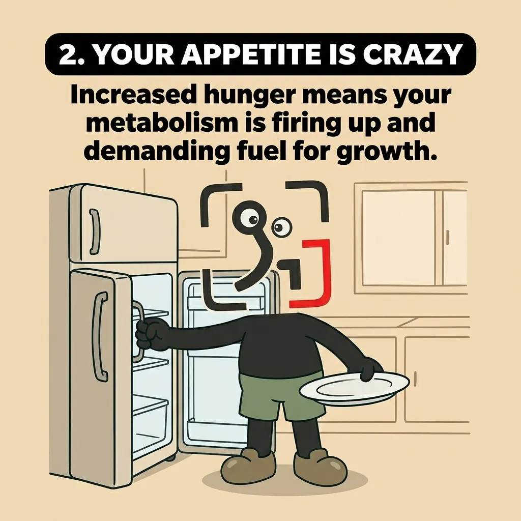 The GainFrame mascot stands in a kitchen holding an empty plate while opening the refrigerator, representing an increased appetite and metabolism demanding fuel for muscle growth.