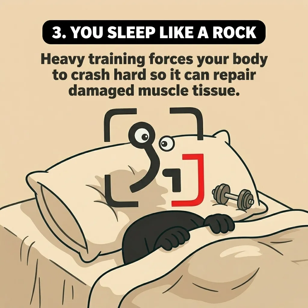 The GainFrame mascot sleeps soundly in bed with a small dumbbell on his pillow, showing how heavy training leads to deep sleep for muscle repair.