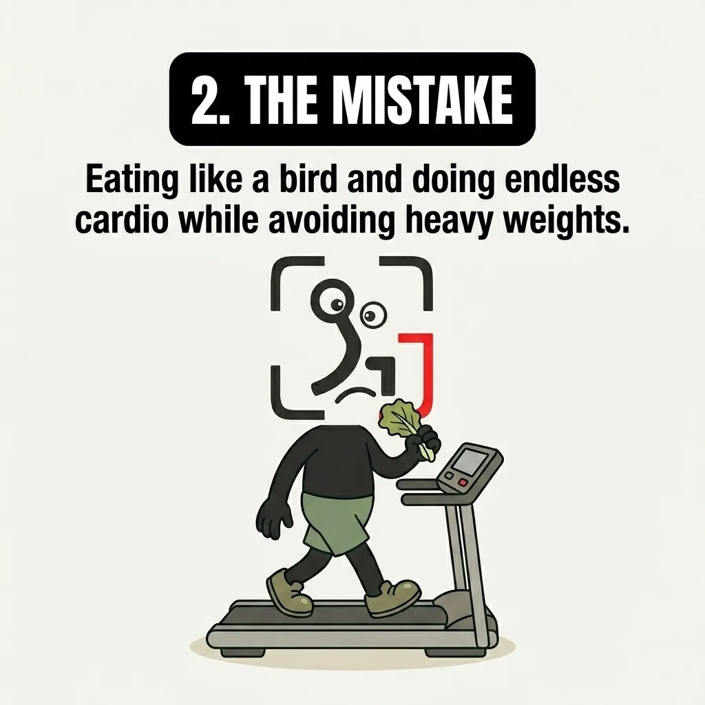 The GainFrame mascot walks on a treadmill with a sad expression while holding a single leaf of lettuce, highlighting the mistake of excessive cardio and extreme calorie restriction.