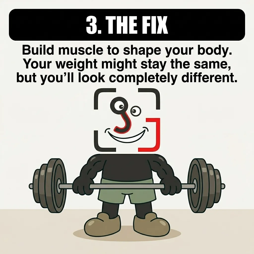 A muscular GainFrame mascot smiles confidently while lifting a heavy barbell, demonstrating that building muscle is the key to changing body composition.