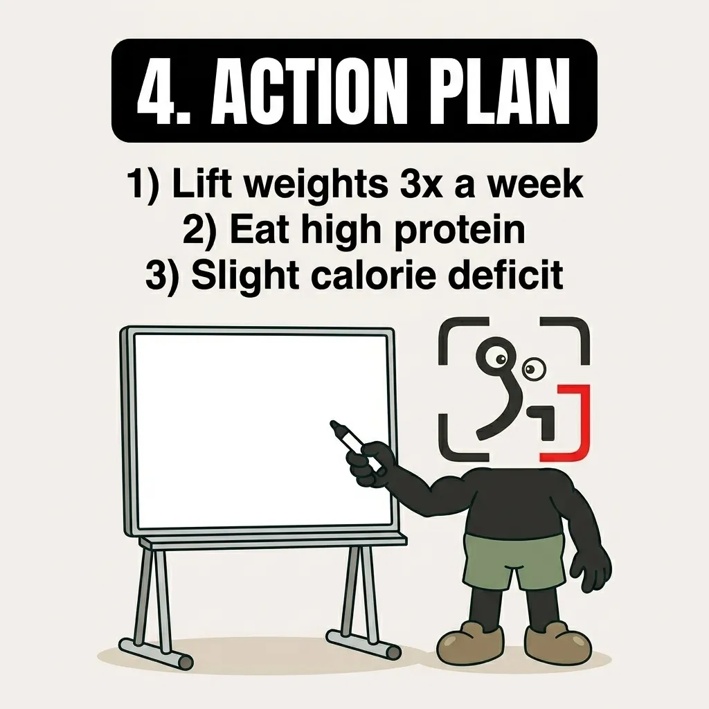 The GainFrame mascot points a marker at a blank whiteboard, presenting a three-step action plan of lifting weights, eating high protein, and maintaining a slight calorie deficit.
