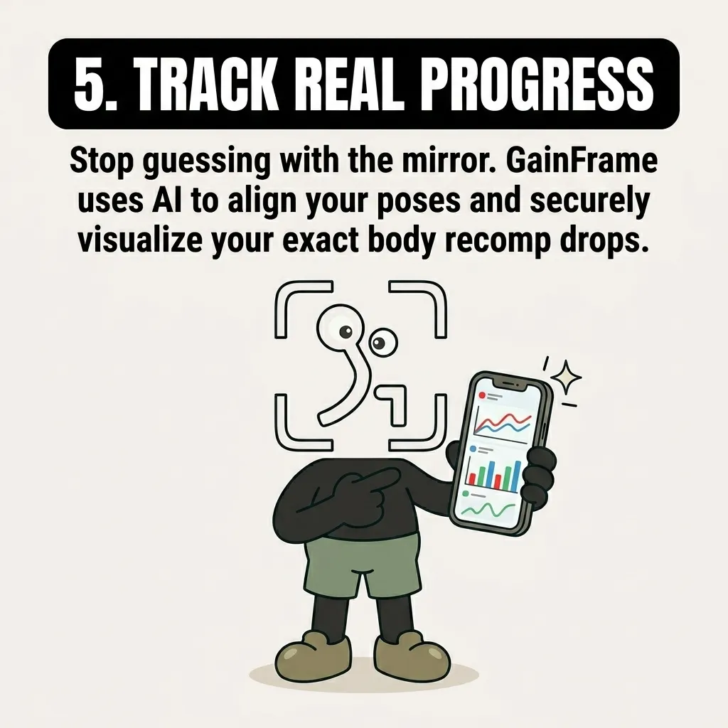 The GainFrame mascot points to a smartphone displaying progress charts, emphasizing the importance of using technology to track actual body recomposition progress.