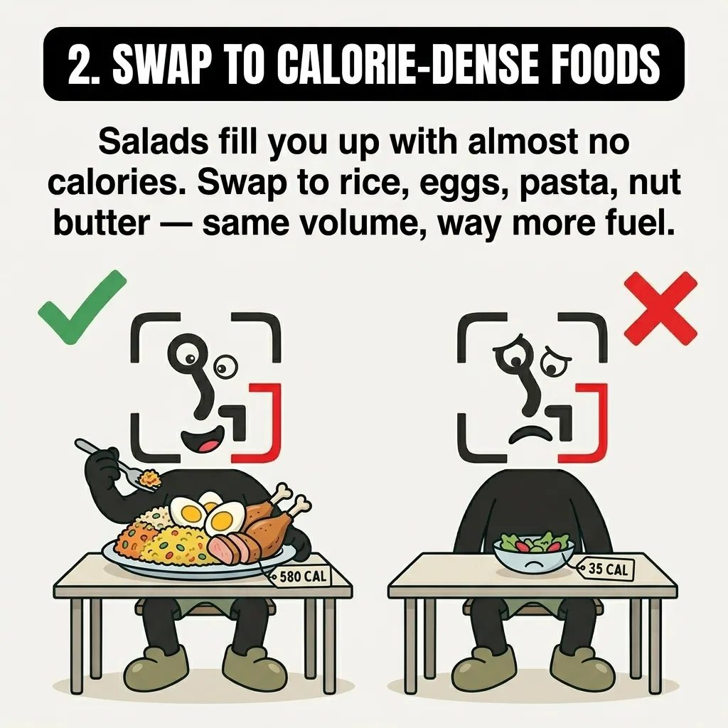 The GainFrame mascot happily eats a 580-calorie plate of rice, eggs, and chicken on the left, contrasted with a sad mascot sitting in front of a 35-calorie salad on the right, highlighting the benefit of swapping to calorie-dense foods.