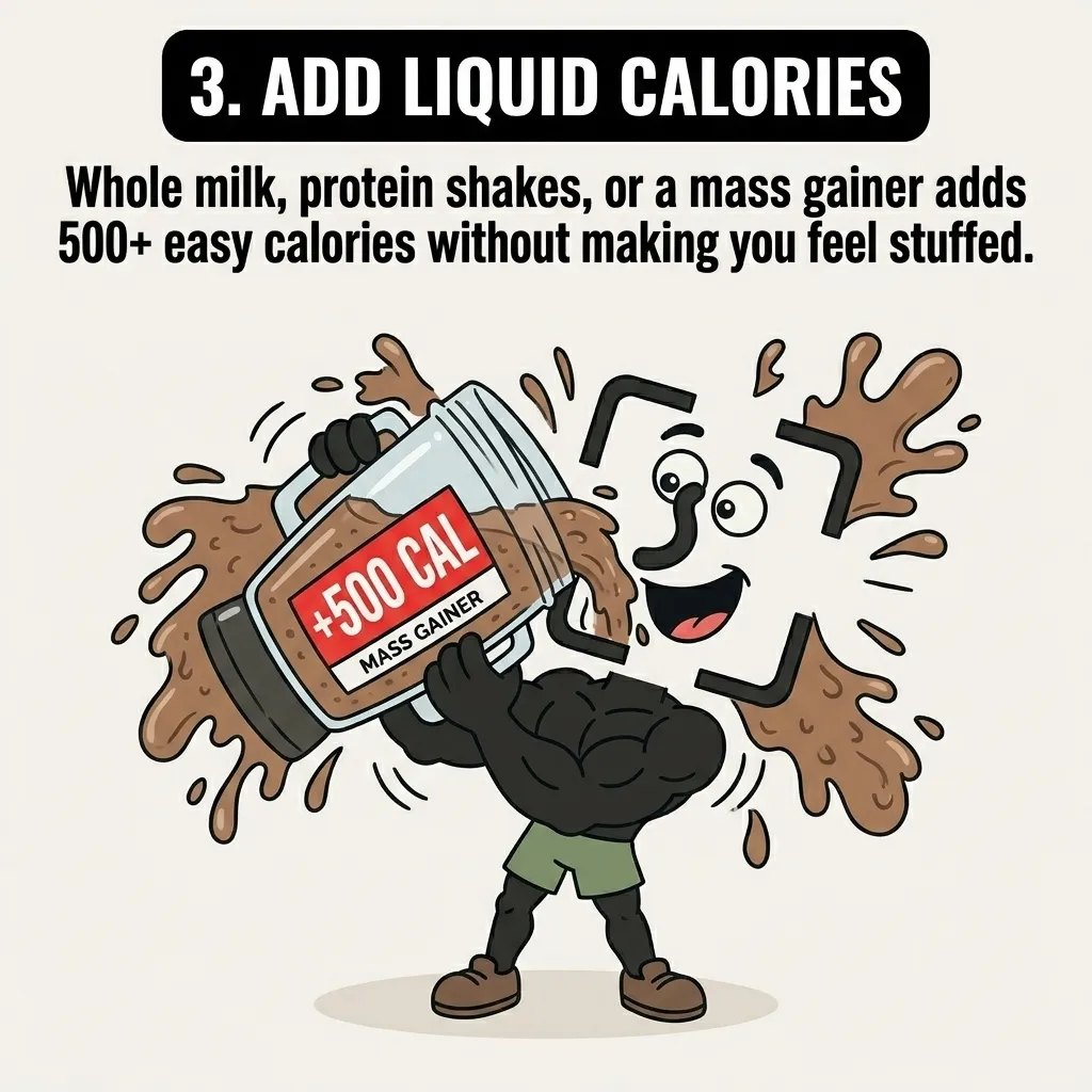 A muscular GainFrame mascot enthusiastically chugs a mass gainer shake, demonstrating how adding liquid calories is an easy way to boost daily intake without feeling overly full.